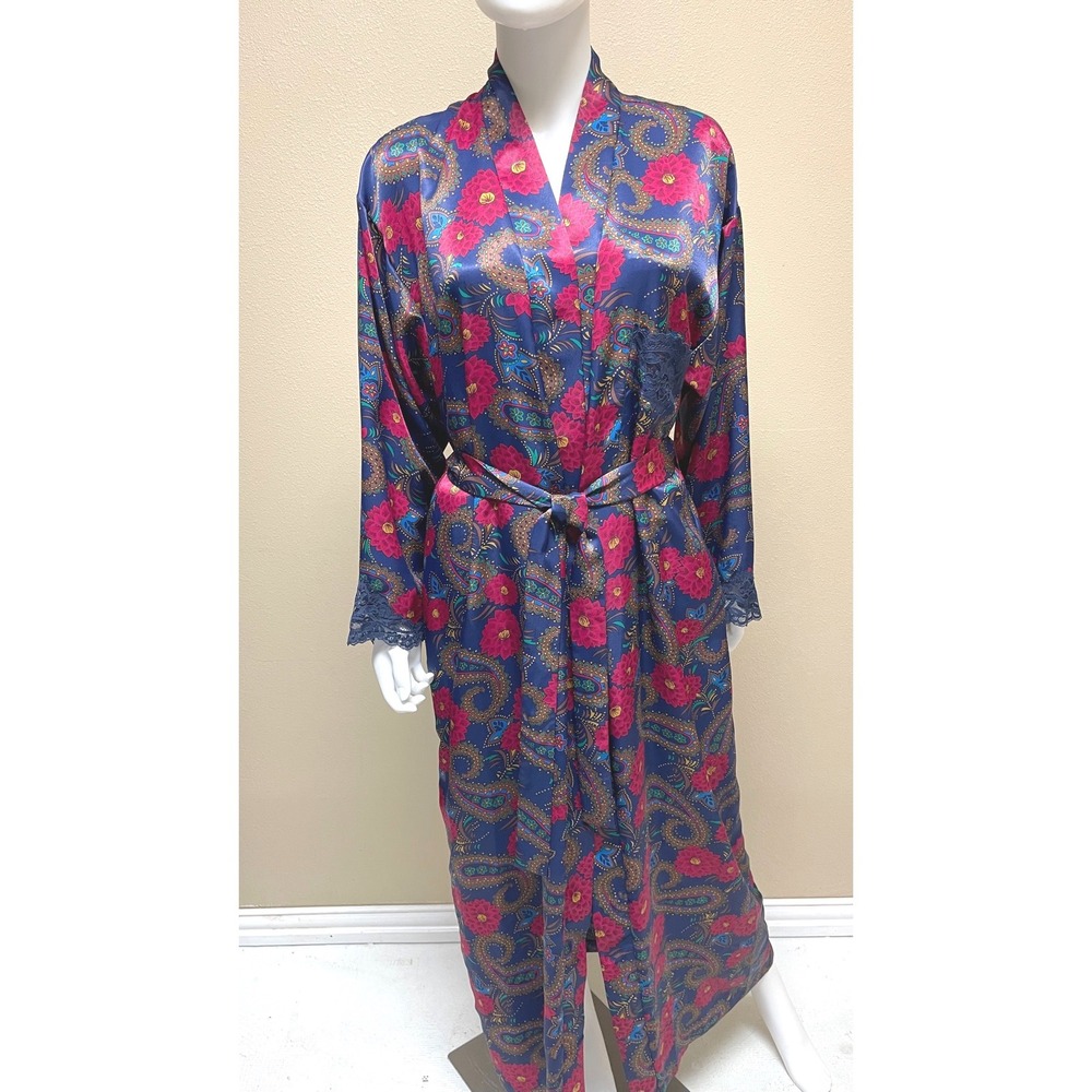 Vintage Eve Stillman Full-Length Satin Robe Womens M Navy Red Floral Paisley EUC